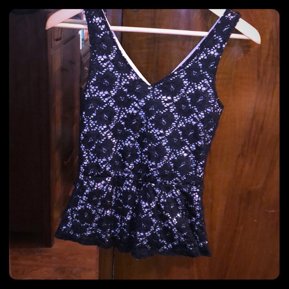 Nude Blush with Black Lace Overlay Peplum Blouse